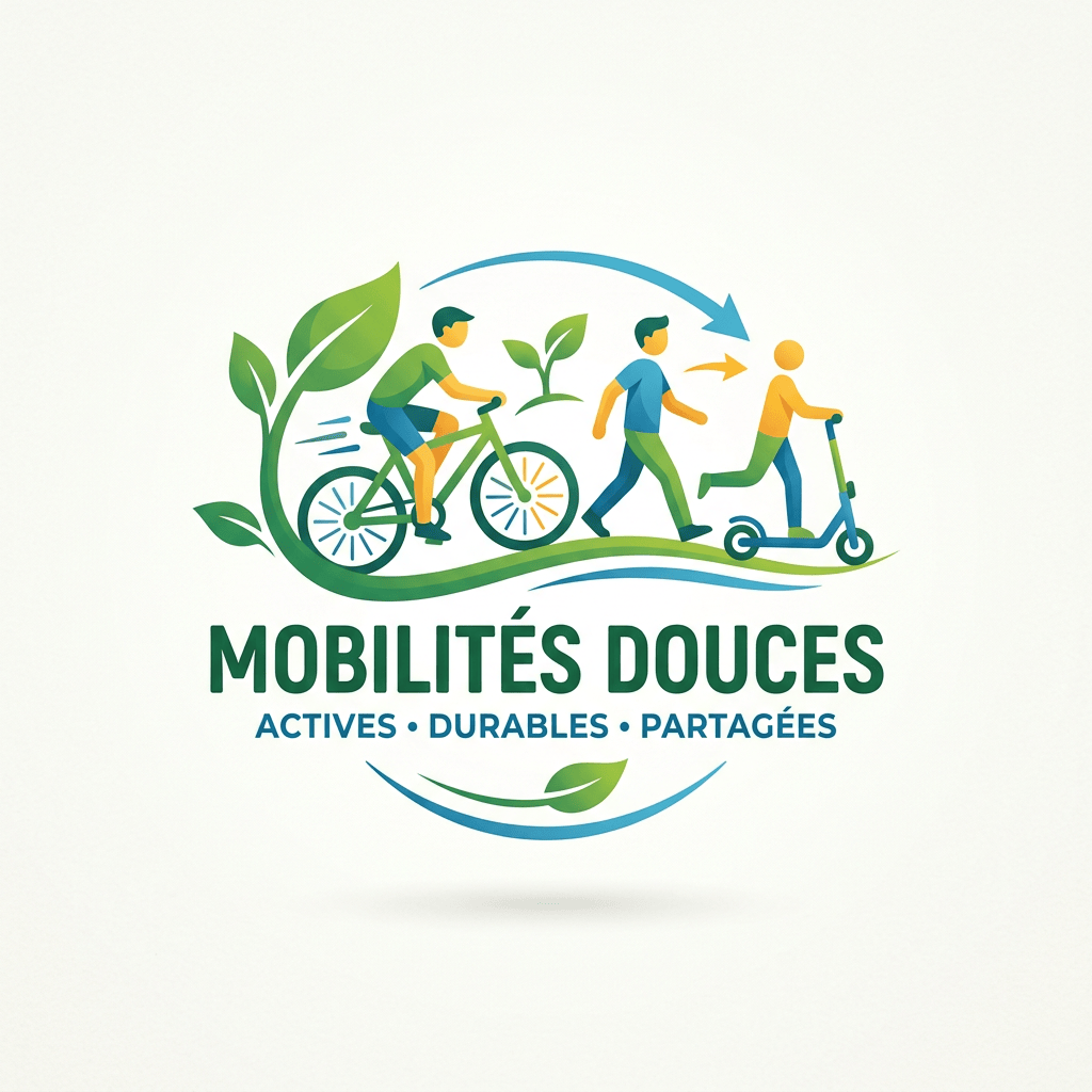 Cyclists and scooter user beneath “MOBILITÉS DOUCES — ACTIVES • DURABLES • PARTAGÉES”